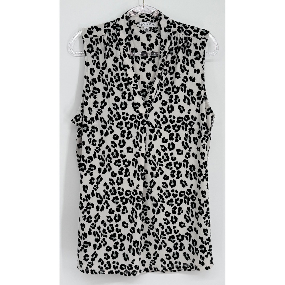 Ophelia Roe Womens Leopard Print Sleeveless V-Neck‎ Blouse Black White Top Sz 1X